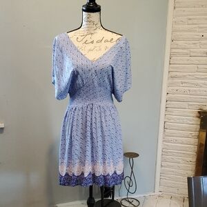 BeBop Light Blue Floral V-Neck Smocked Mini Dress with Border Hem